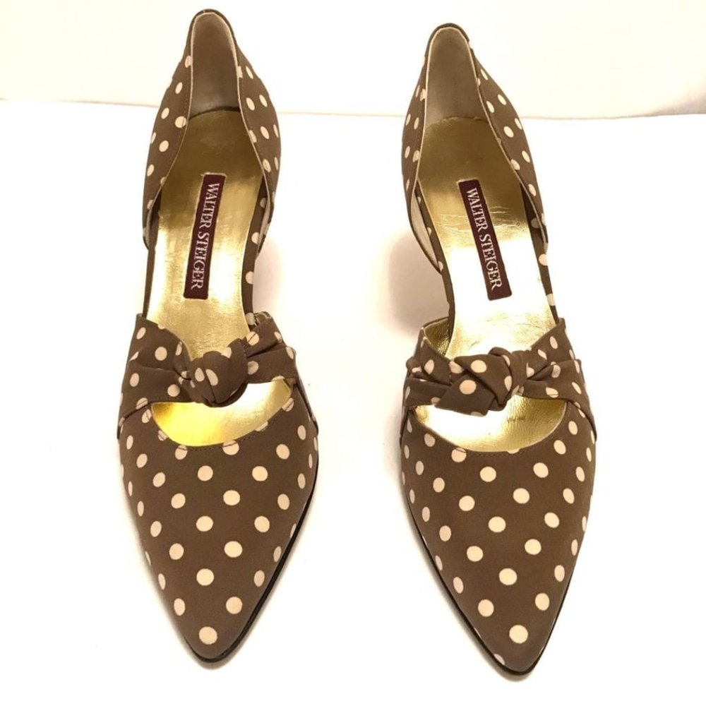 WALTER STEIGER-VINTAGE BROWN/IVORY PODKA DOT SILK SHOES-SIZE-9-NEW, NEVER WORN!!